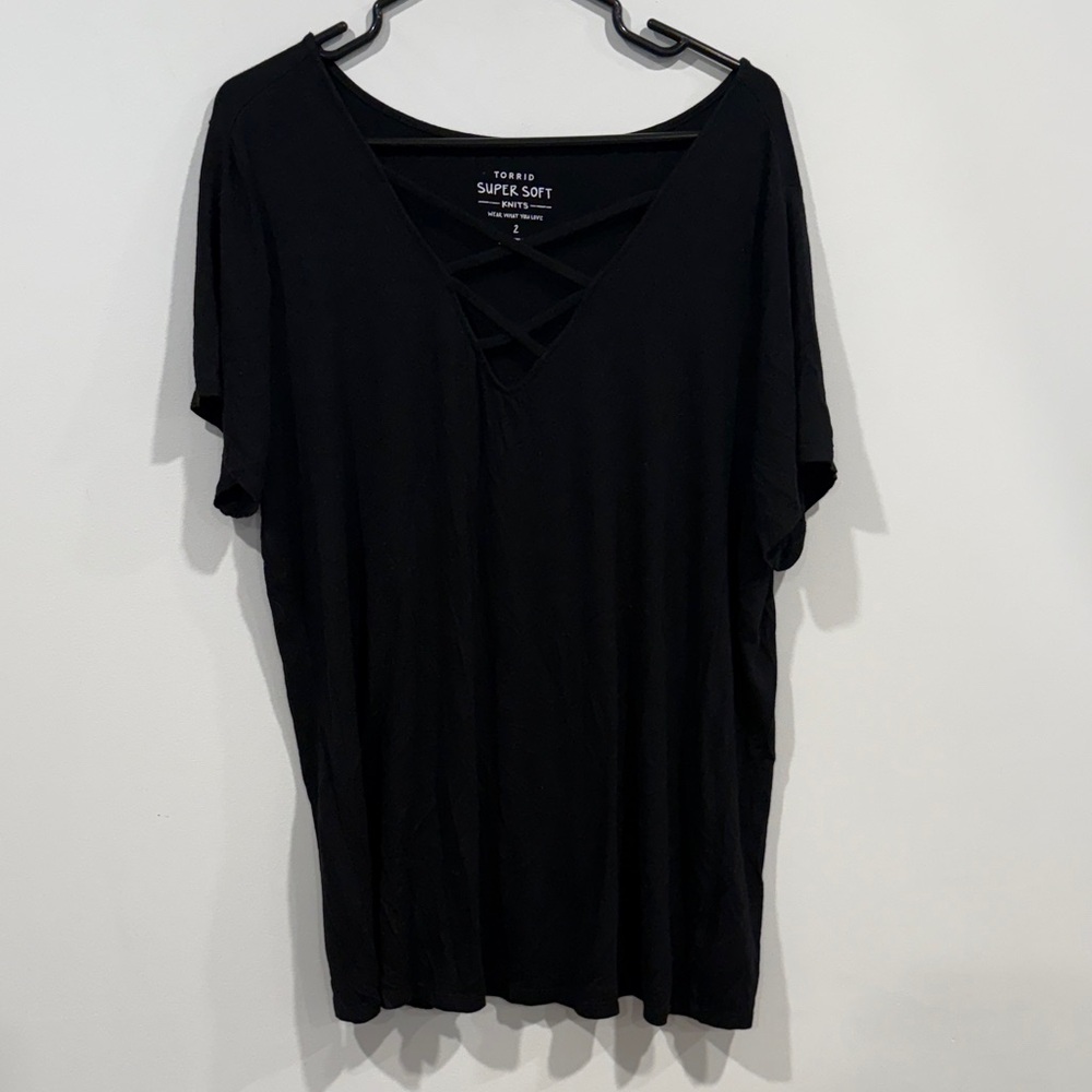 Torrid Black Crisscross V-Neck Short Sleeve Tee